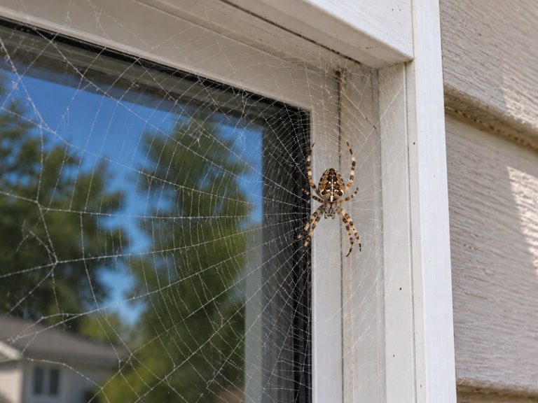 A spider in a web by a window.