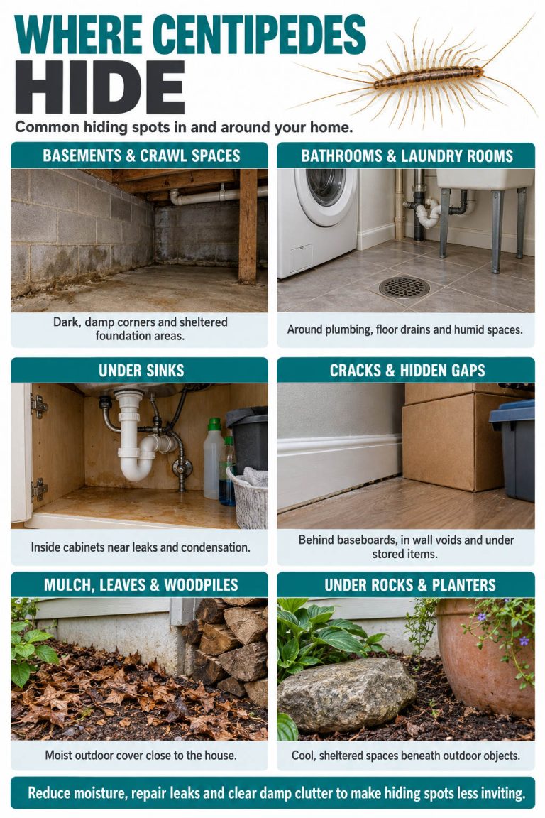 An infographic showing the common areas centipedes hide in and around a home.