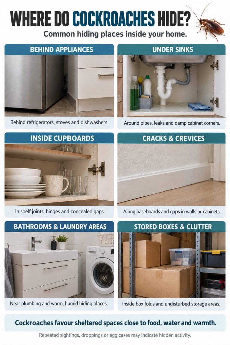 An infographic showing the common areas cockroaches hide in a home.