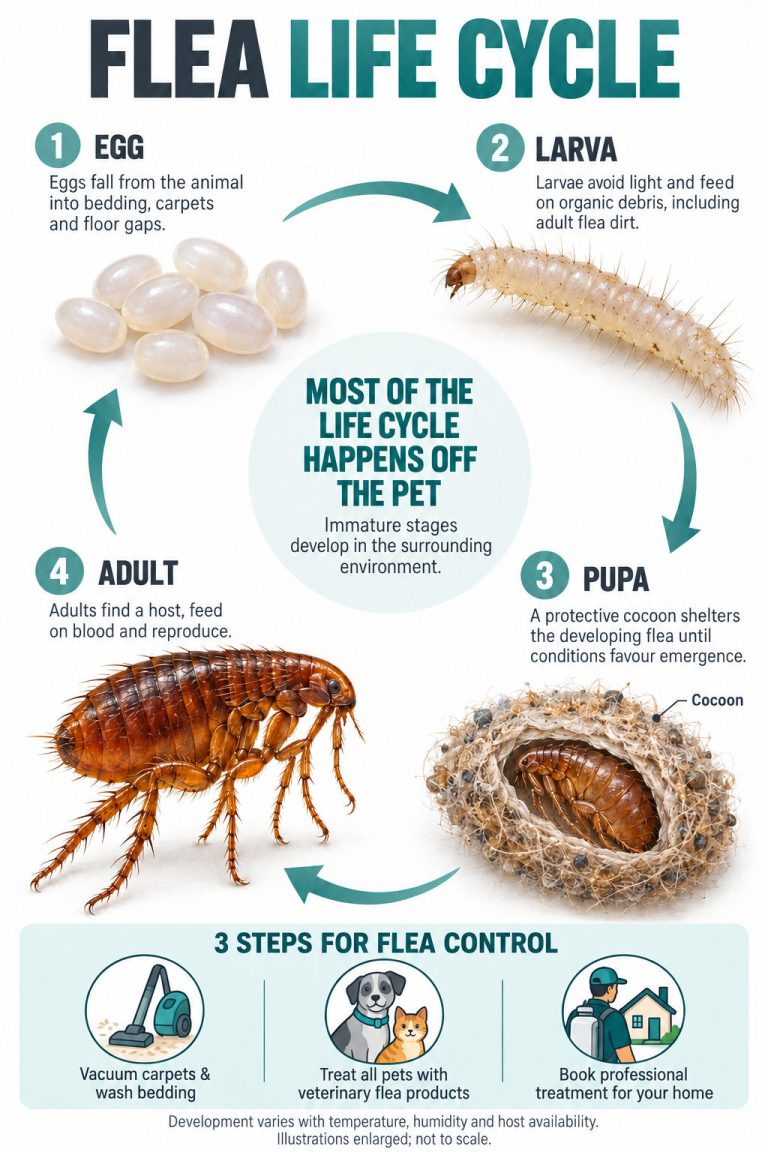 An infographic showing the life cycle of a flea.